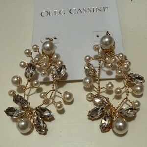 Oleg Cassini Gold Pearl and Crystal Earrings